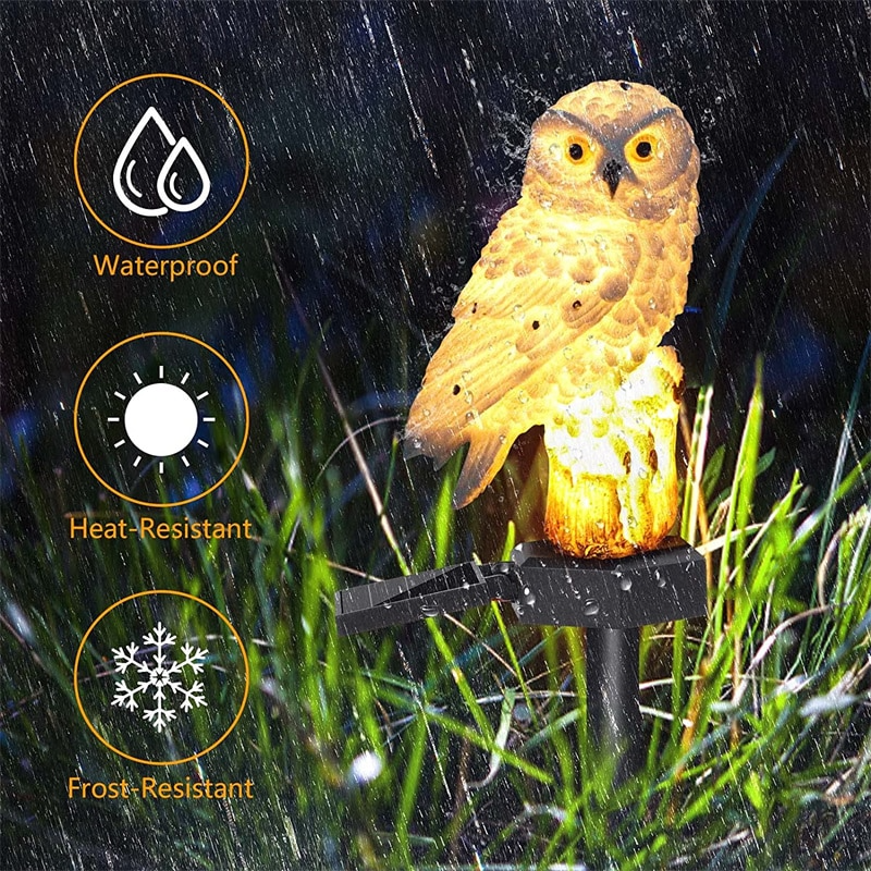 Solar Owl Garden Lights Outdoor in grass with waterproof, heat-resistant, and frost-resistant icons.