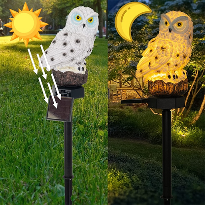 Solar Owl Garden Lights Outdoor showing day and night modes on grass.