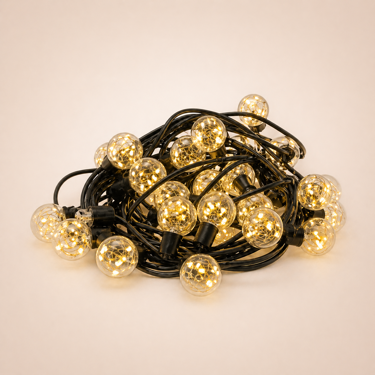 Solar Patio String Lights with round bulbs on a beige background