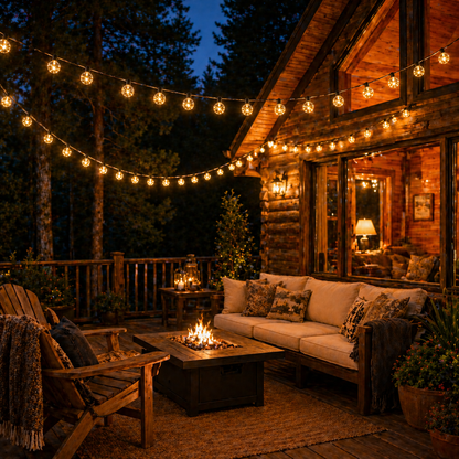 Cozy outdoor Cabin with Solar Patio String Lights, fire pit, and wooden cabin in the background.