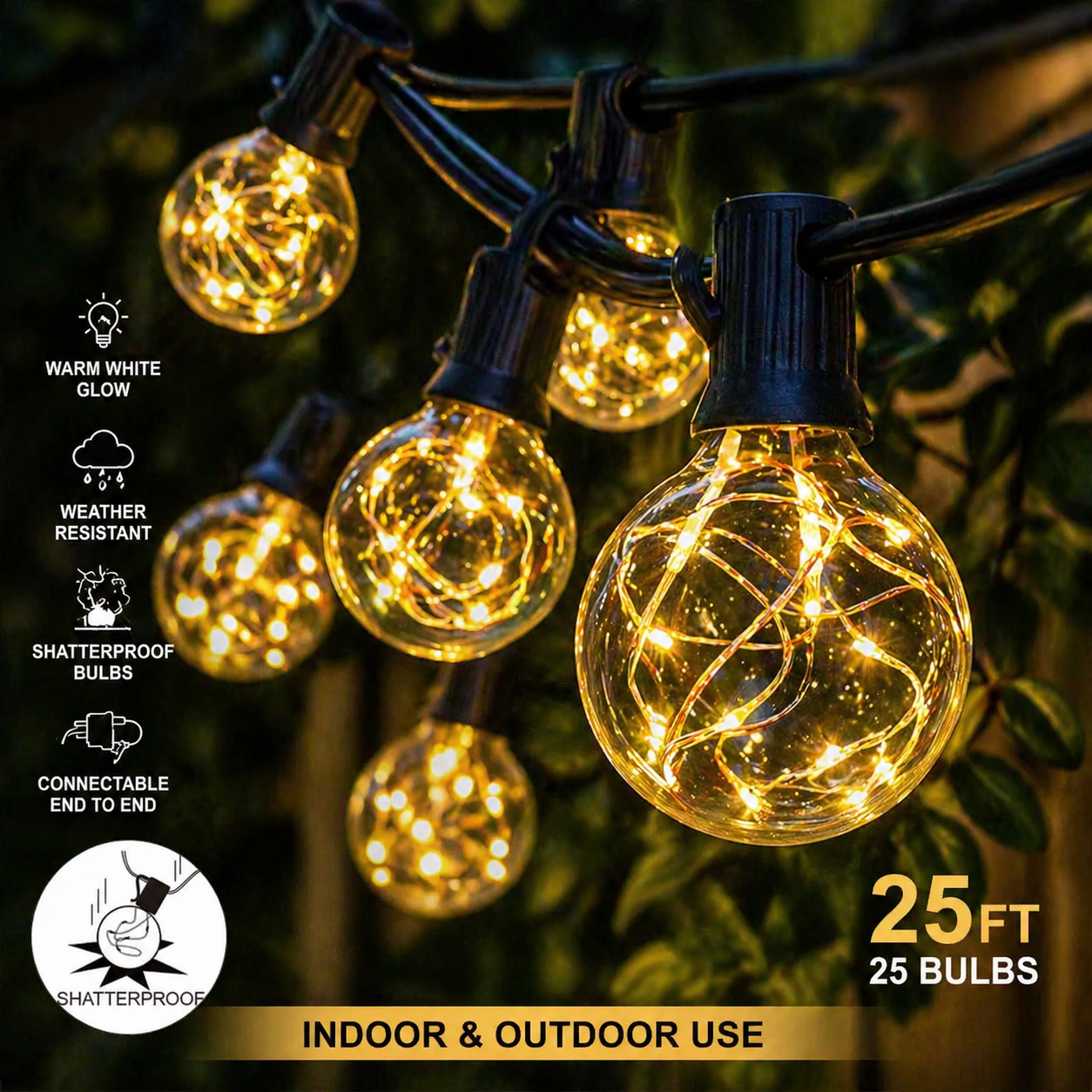 Solar Patio String Lights with globe bulbs on a dark background, featuring Shatterproof bulbs and weather-resistant design.