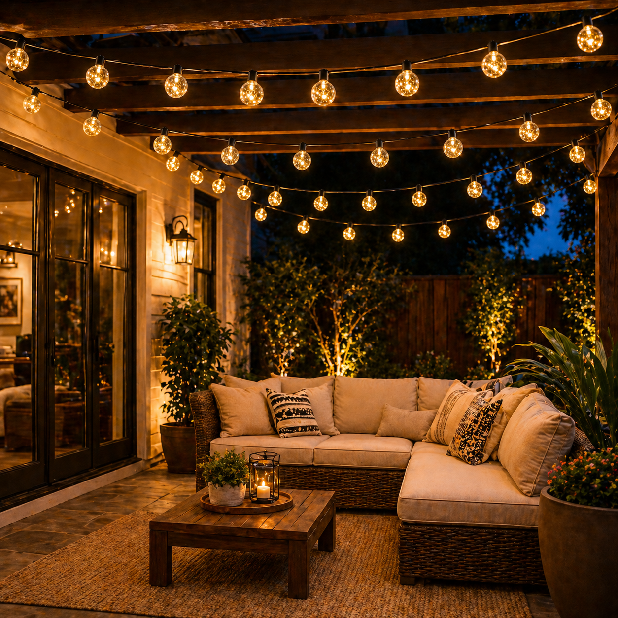 Outdoor patio with Solar Patio String Lights, sofa, and coffee table at night.