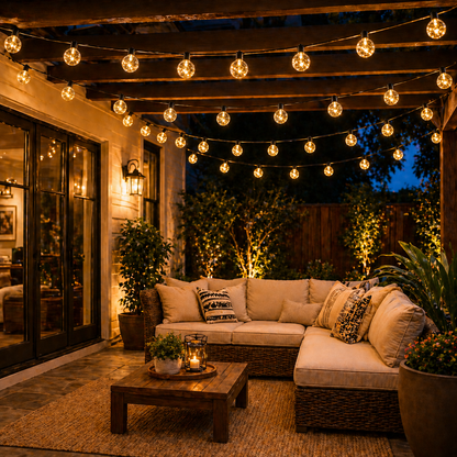 Outdoor patio with Solar Patio String Lights, sofa, and coffee table at night.