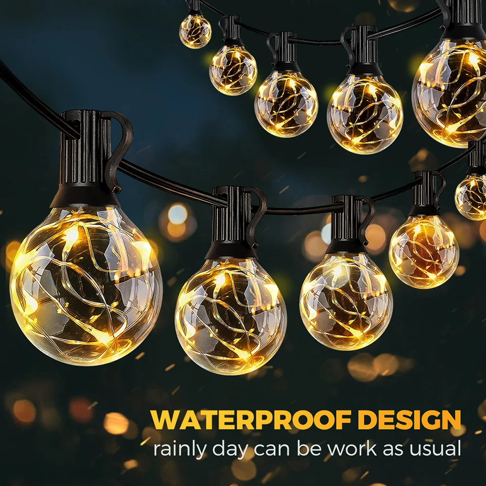 Solar Patio String Lights with waterproof design on a dark background