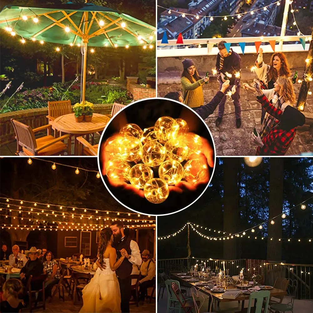 Collage of outdoor settings with Solar Patio String Lights, including a wedding scene and people socializing.