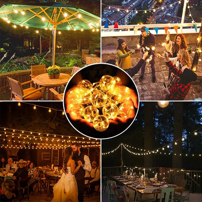 Collage of outdoor settings with Solar Patio String Lights, including a wedding scene and people socializing.