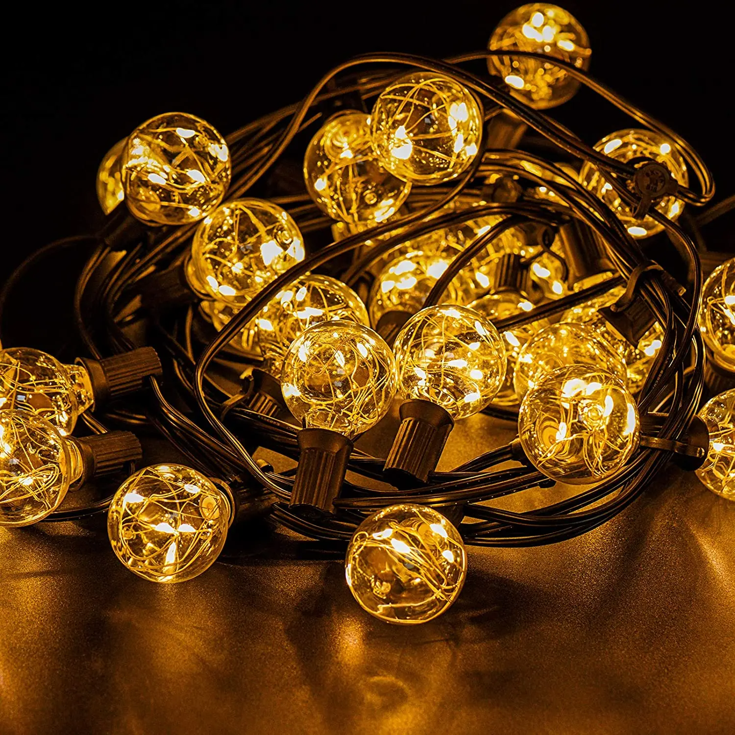 Solar Patio String Lights with crinkled glass bulbs on a dark background