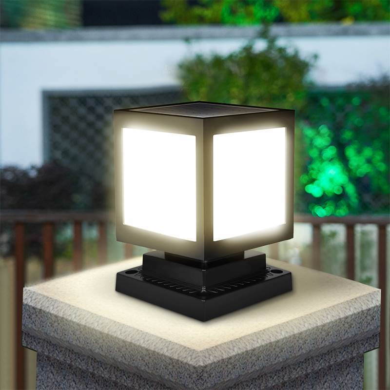 Solar Pillar Square Light on a pedestal with a blurred garden background