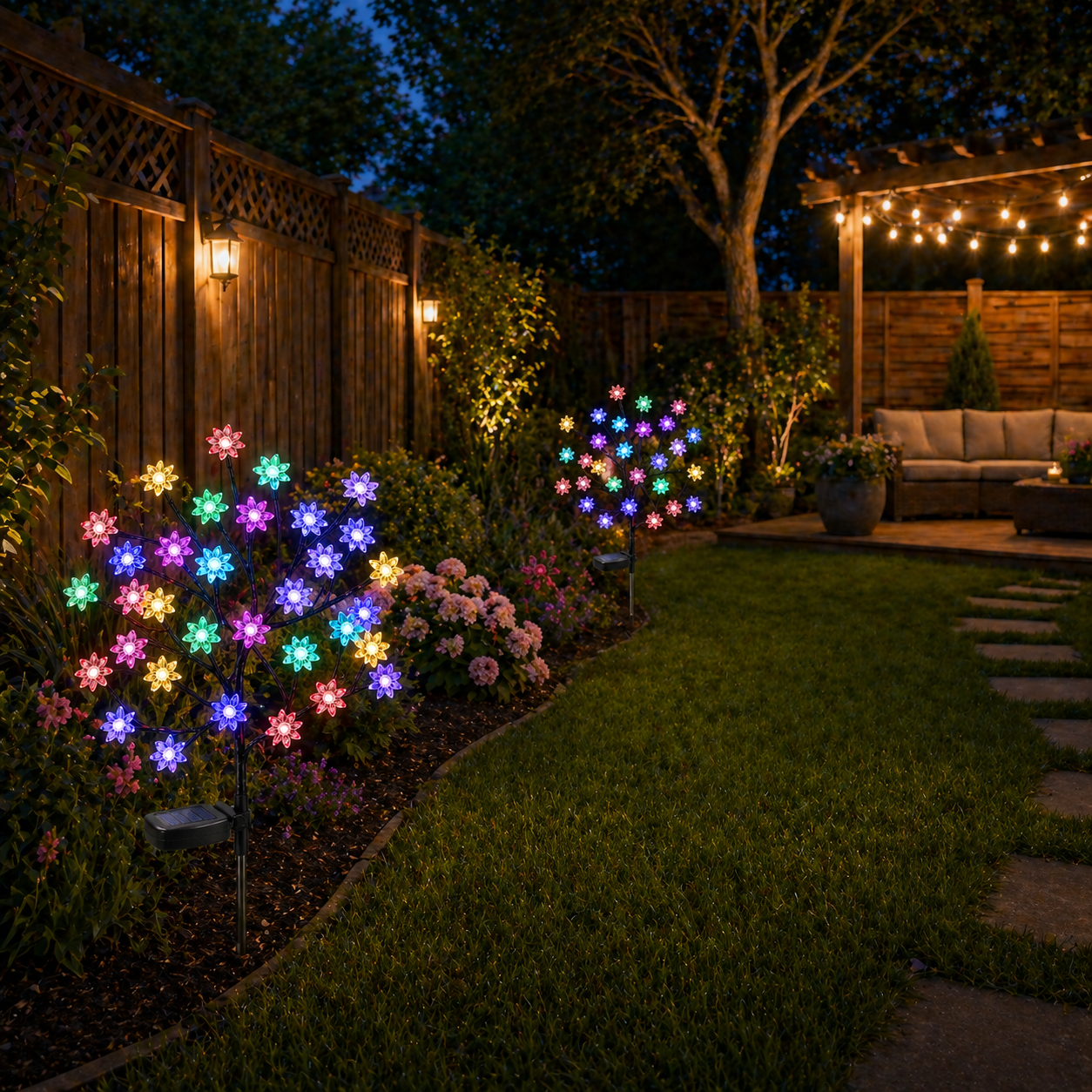 Garden with Solar Powered Flower Garden Lights and a wooden fence in the background.