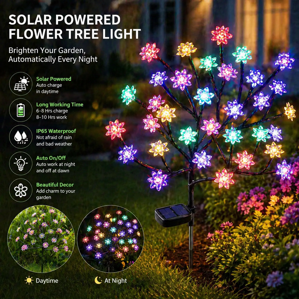 Solar Powered Flower Garden Lights Features