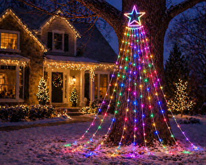 Decorative Christmas tree made of Solar Star Curtain Lights Outdoor  in front of a house with more Christmas decorations.