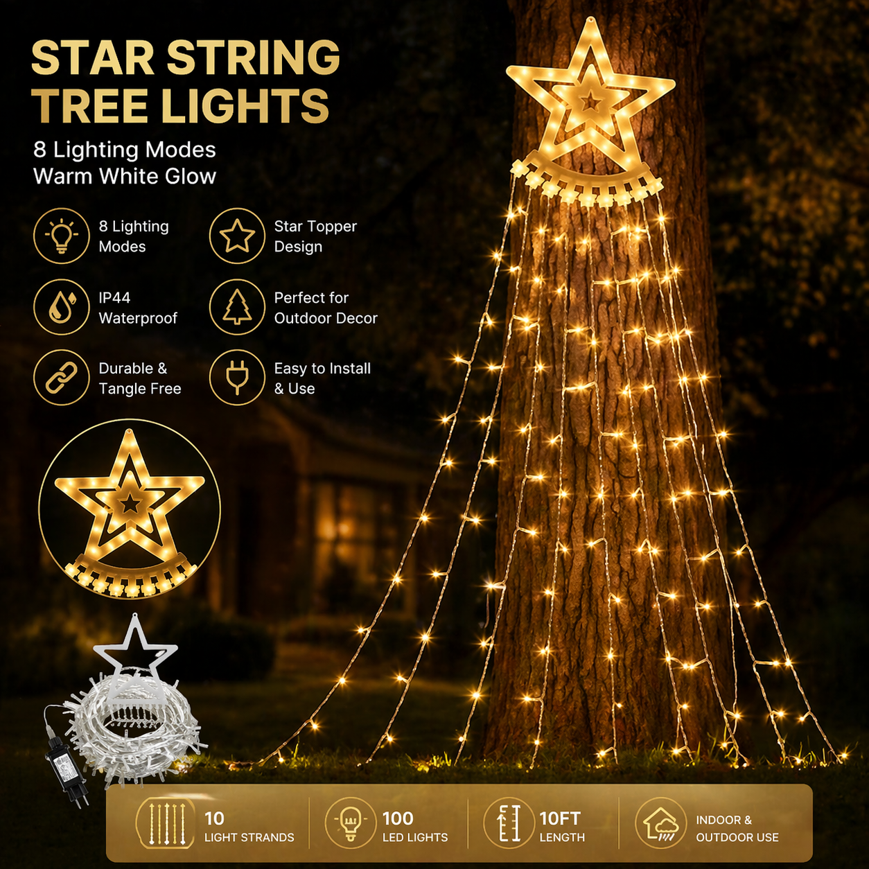 Solar Star Curtain Lights Outdoor on a tree, featuring 8 lighting modes and IP44 waterproof rating.