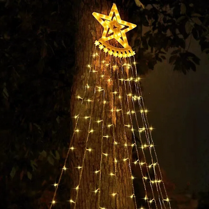 Solar Star Curtain Lights Outdoor hanging from a tree with string lights