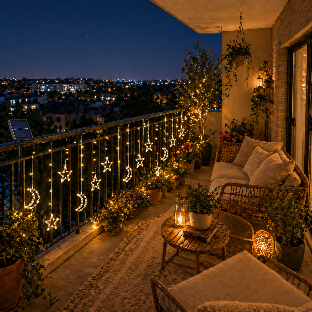 Balcony decorated with Solar Star Moon String Lights Outdoor, plants, and furniture at night.