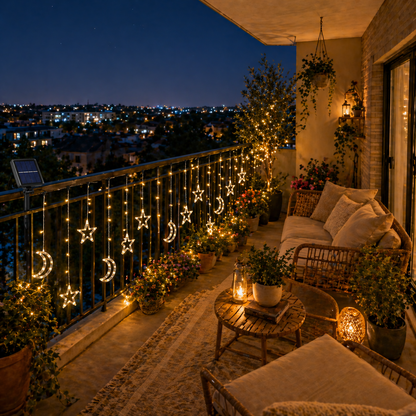 Balcony decorated with Solar Star Moon String Lights Outdoor, plants, and furniture at night.