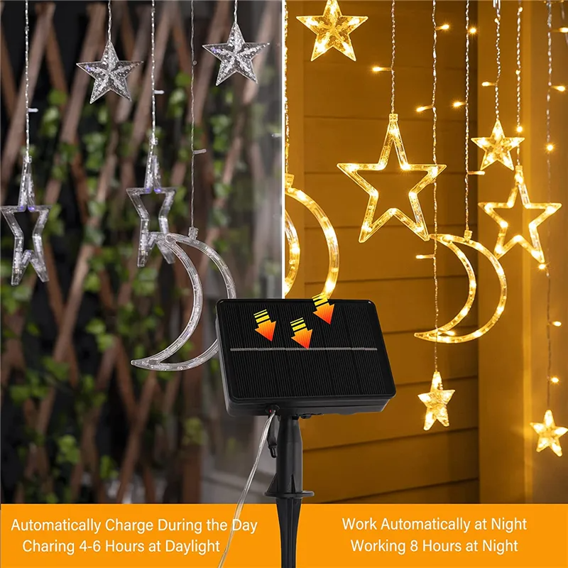 Solar Star Moon String Lights Outdoor with stars and moons on a stand against a wooden wall.