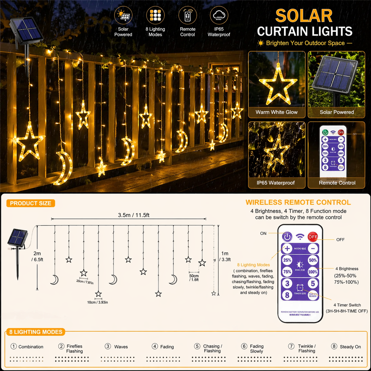 Solar Star Moon String Lights Outdoor with star and moon designs on a deck, featuring product details and features.