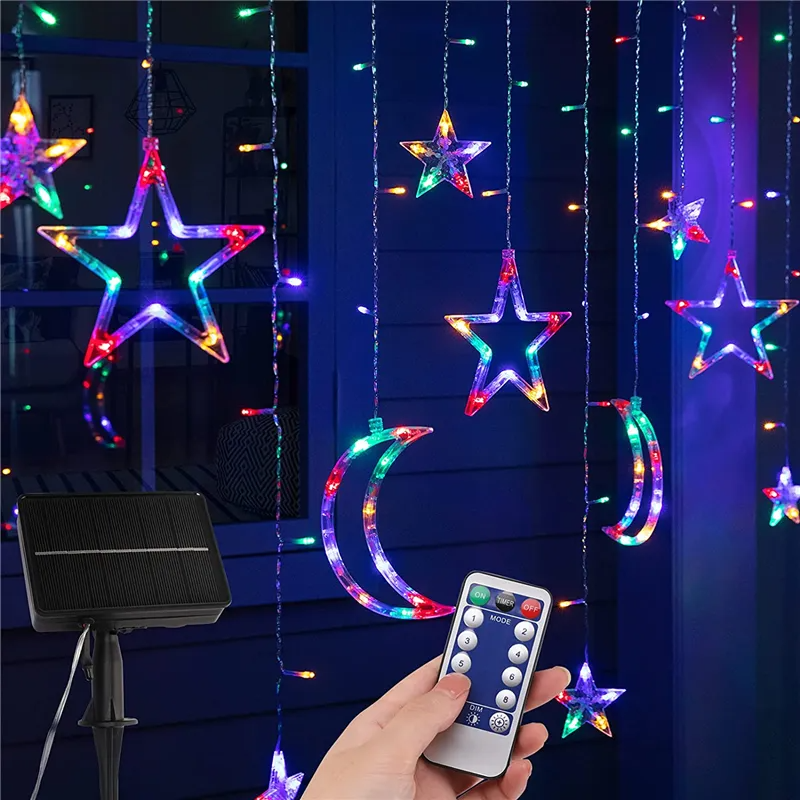 Solar Star Moon String Lights Outdoor with a remote control and solar panel on a dark background.