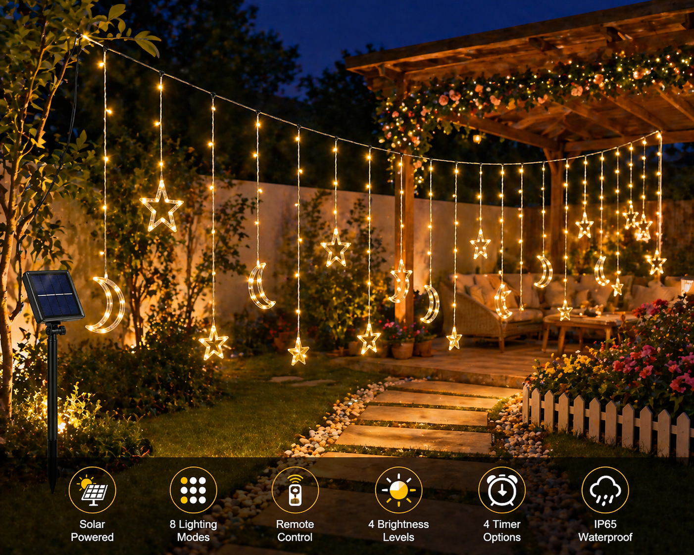 Outdoor garden setting with Solar Star Moon String Lights Outdoor solar panel, and decorative elements.