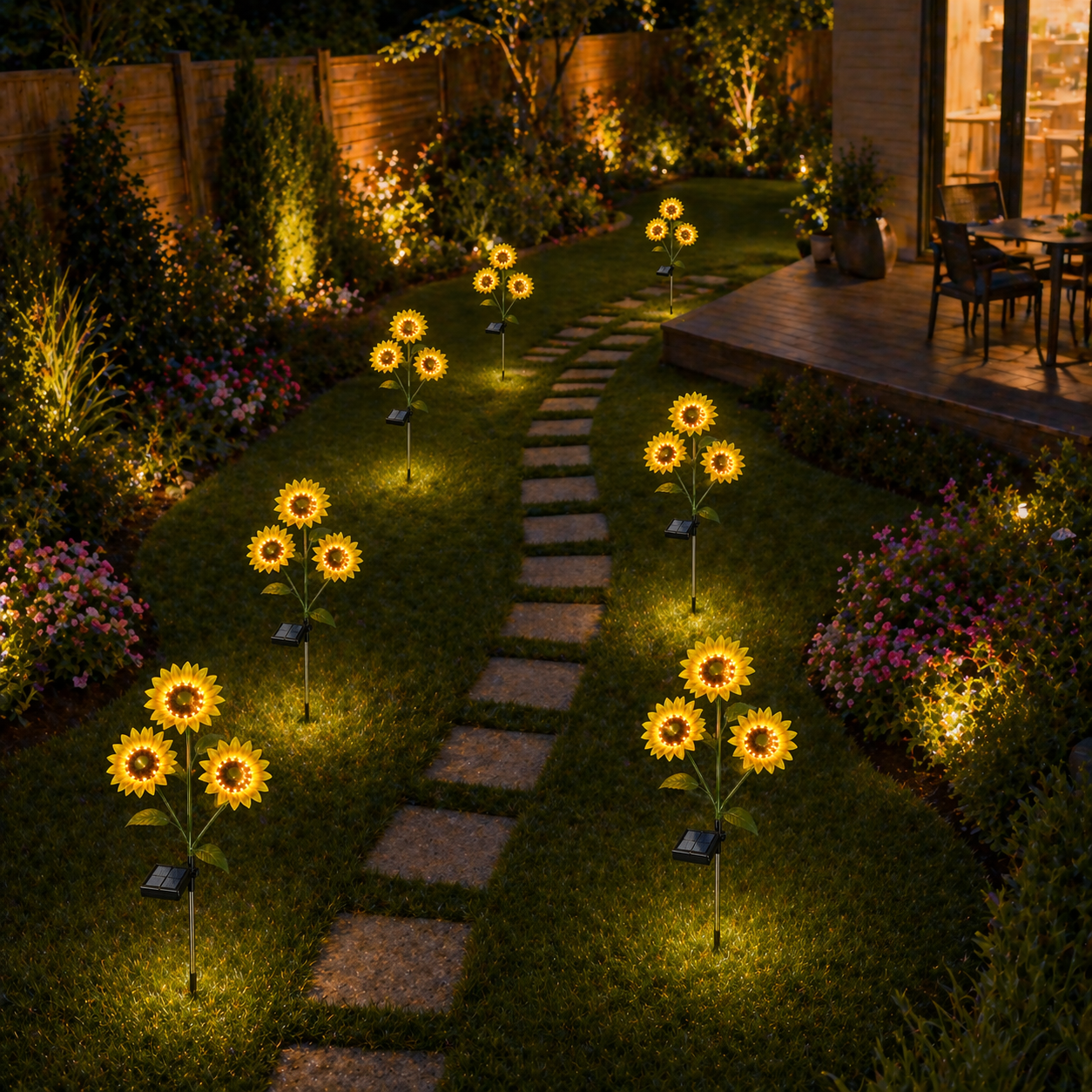 Garden pathway illuminated by Solar Sunflower Garden Lights at night.