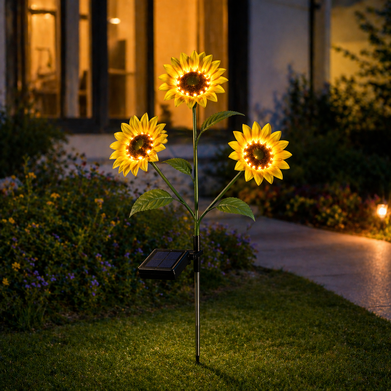 Solar Sunflower Garden Lights in a garden setting at night.