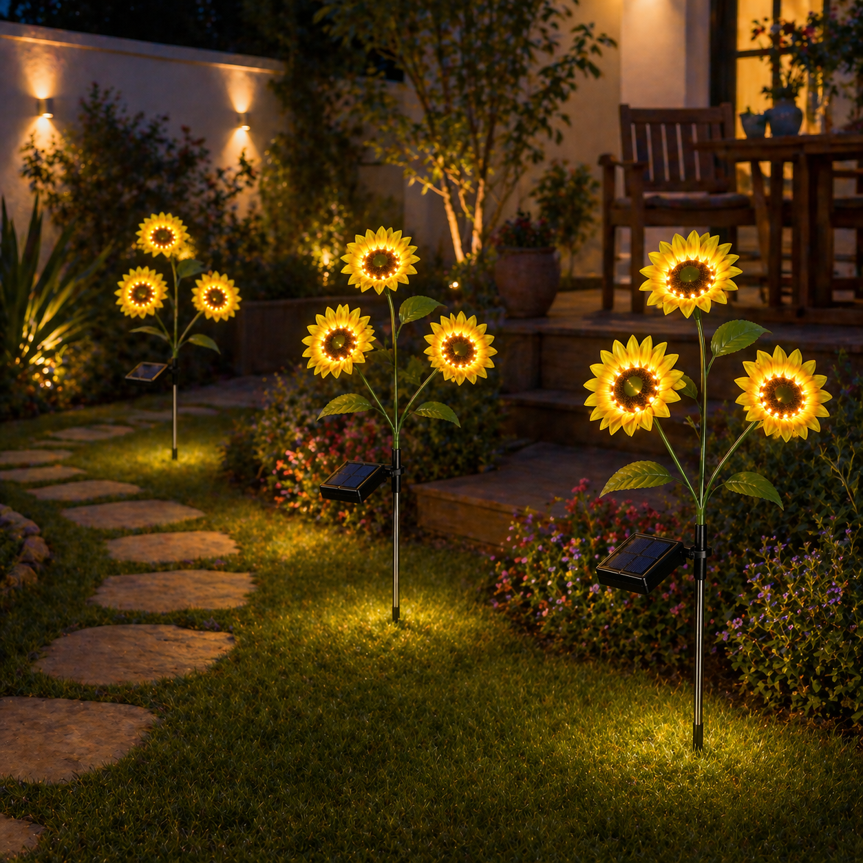 Solar Sunflower Garden Lights in a garden setting