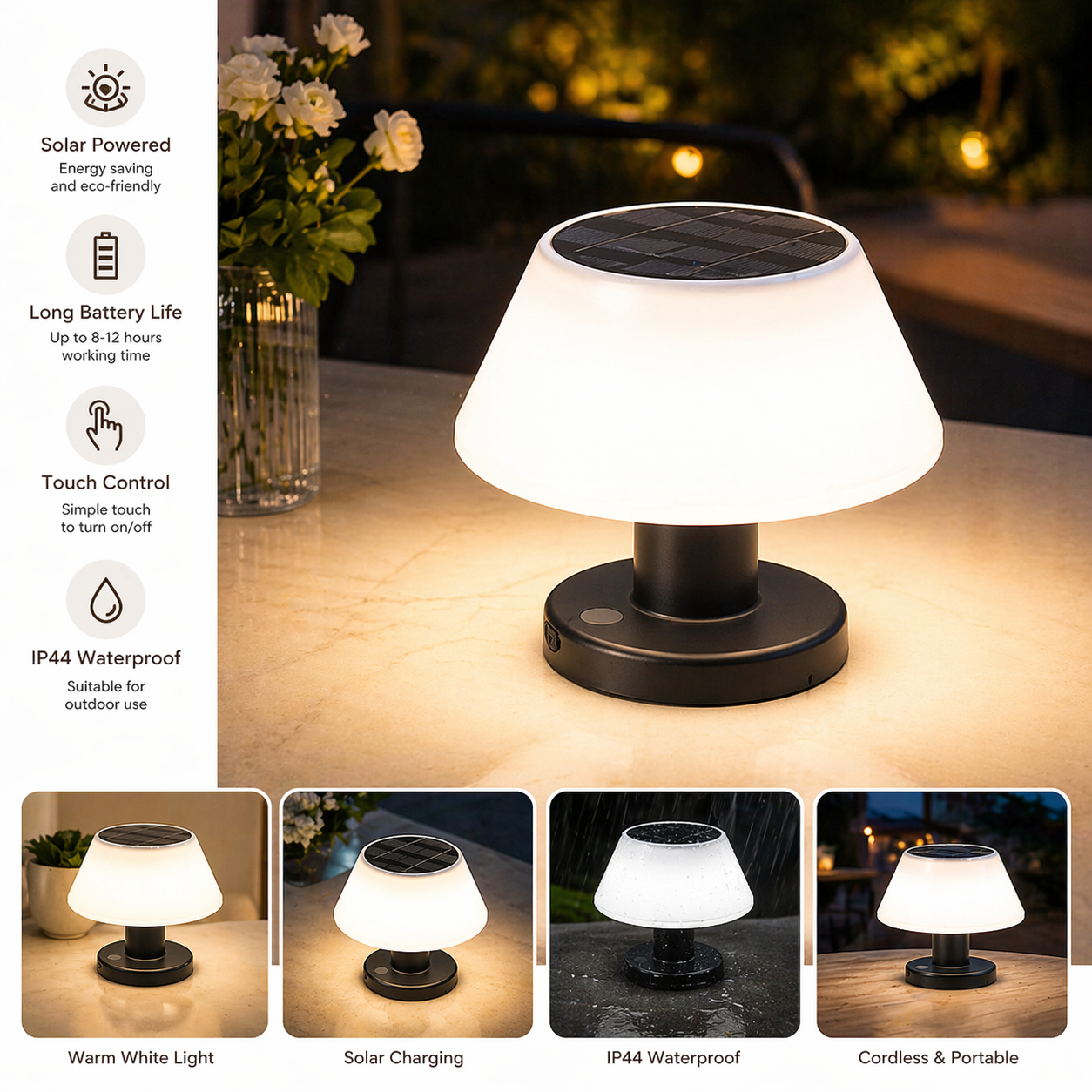 Solar Table Lamp Outdoor with features highlighted on a table.