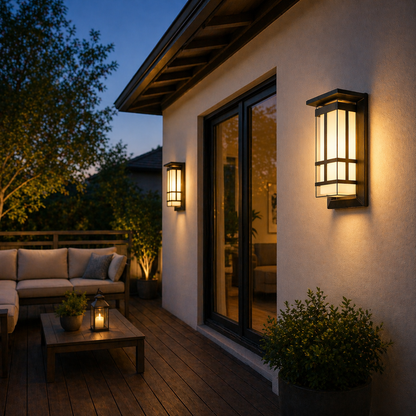 Solar Wall Light Outdoor Waterproof evening setting with wall lights, patio furniture, and plants.