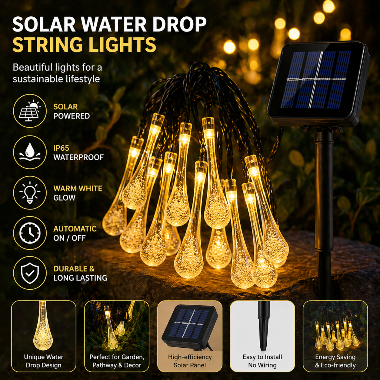 Solar Water Drop Fairy Lights Cabin with solar panel and features listed