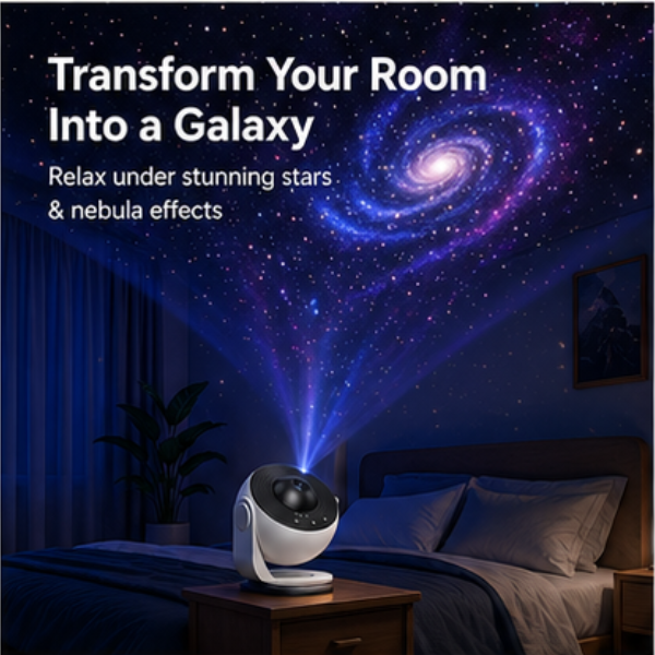 Star projector on a nightstand with a bedroom setting and text 'Transform Your Room Into a Galaxy'.
