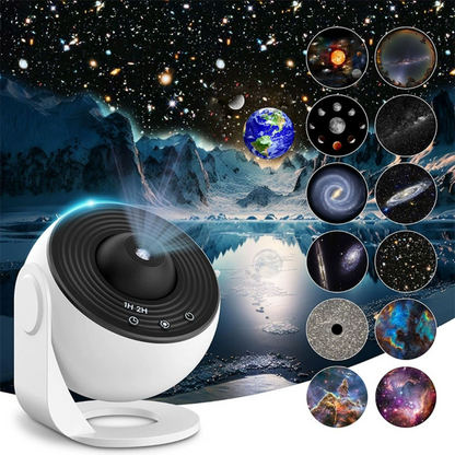 Starry Sky Galaxy Projector Lamp and planet illustrations on a mountain lake background