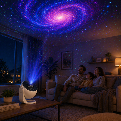 Living room with a Starry Sky Galaxy Projector Lamp on a table, displaying a swirling galaxy pattern on the ceiling.