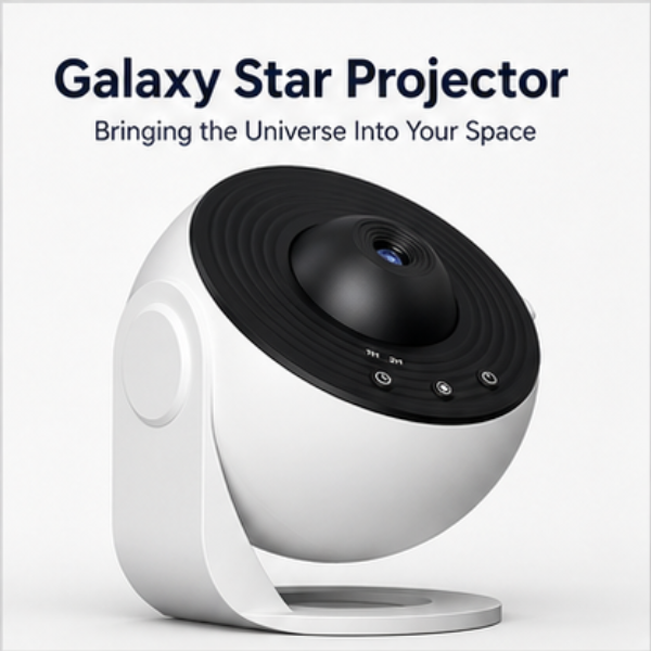 Galaxy Star Projector with text 'Bringing the Universe Into Your Space' on a white background