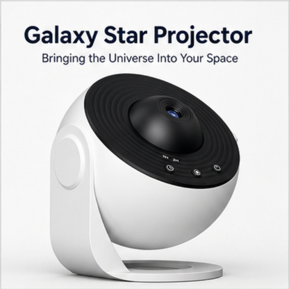 Galaxy Star Projector with text 'Bringing the Universe Into Your Space' on a white background