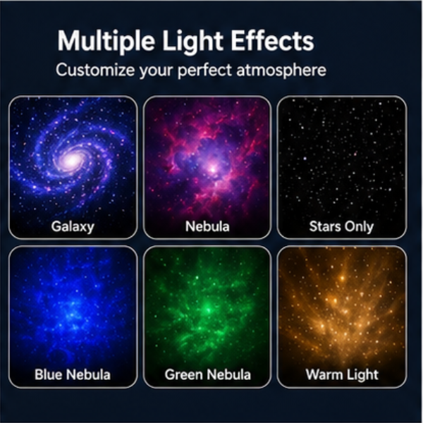 Various light effects including galaxy, nebula, stars only, blue nebula, green nebula, and warm light on a dark background.