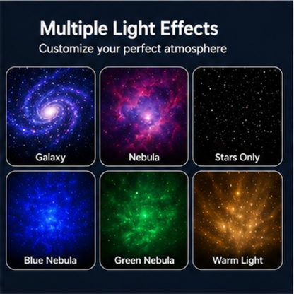 Various light effects including galaxy, nebula, stars only, blue nebula, green nebula, and warm light on a dark background.