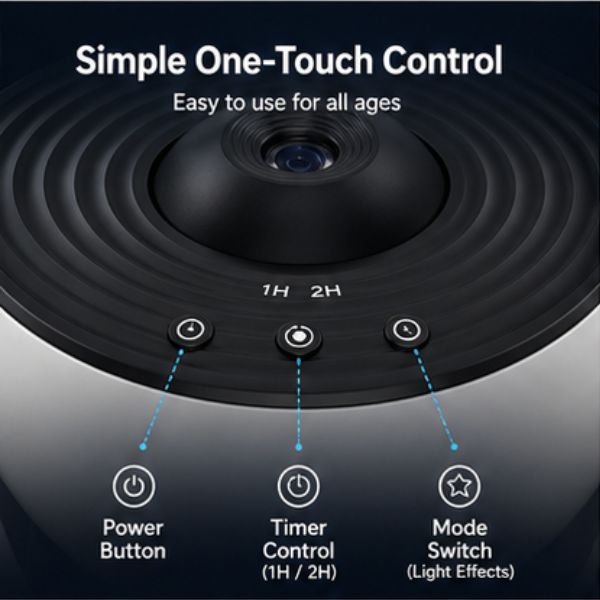 Control panel with power button, timer control, and mode switch on a black background