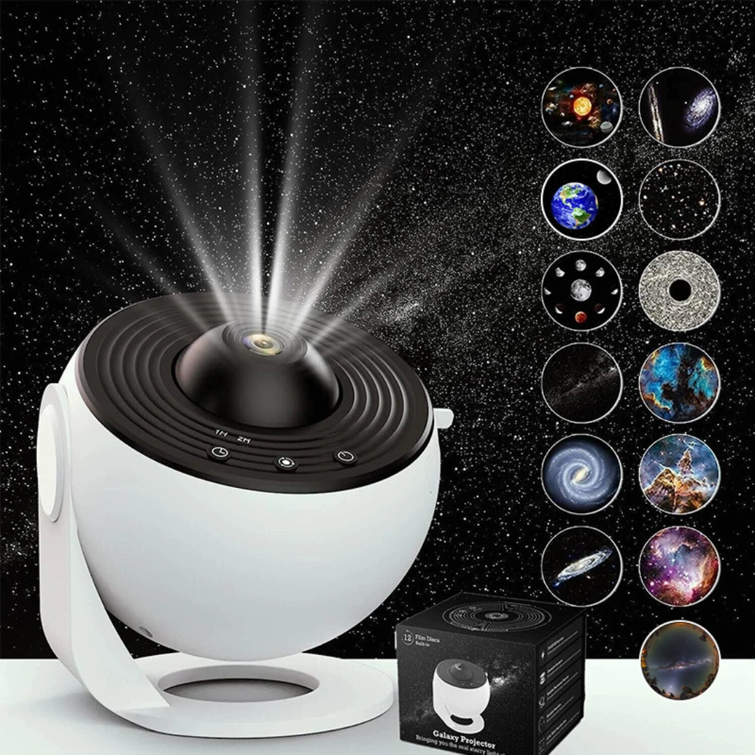 Starry Sky Galaxy Projector Lamp with starry sky display and planet illustrations on a dark background.