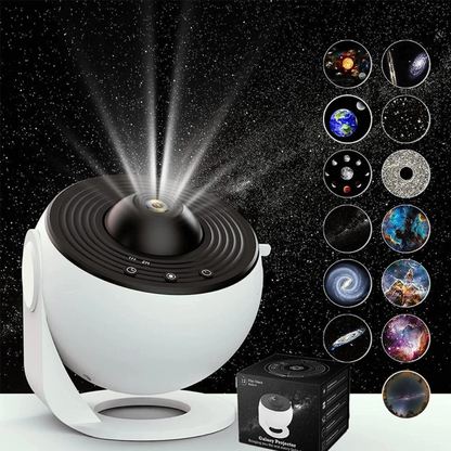 Starry Sky Galaxy Projector Lamp with starry sky display and planet illustrations on a dark background.
