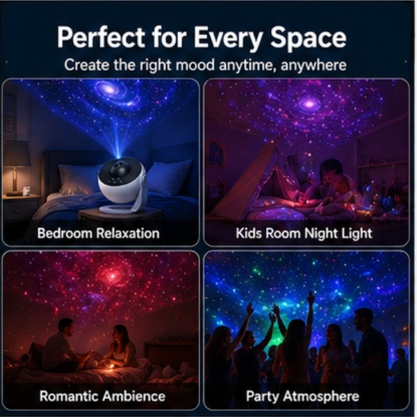 Star projector with images of its use in various settings like bedroom, kids room, and party.