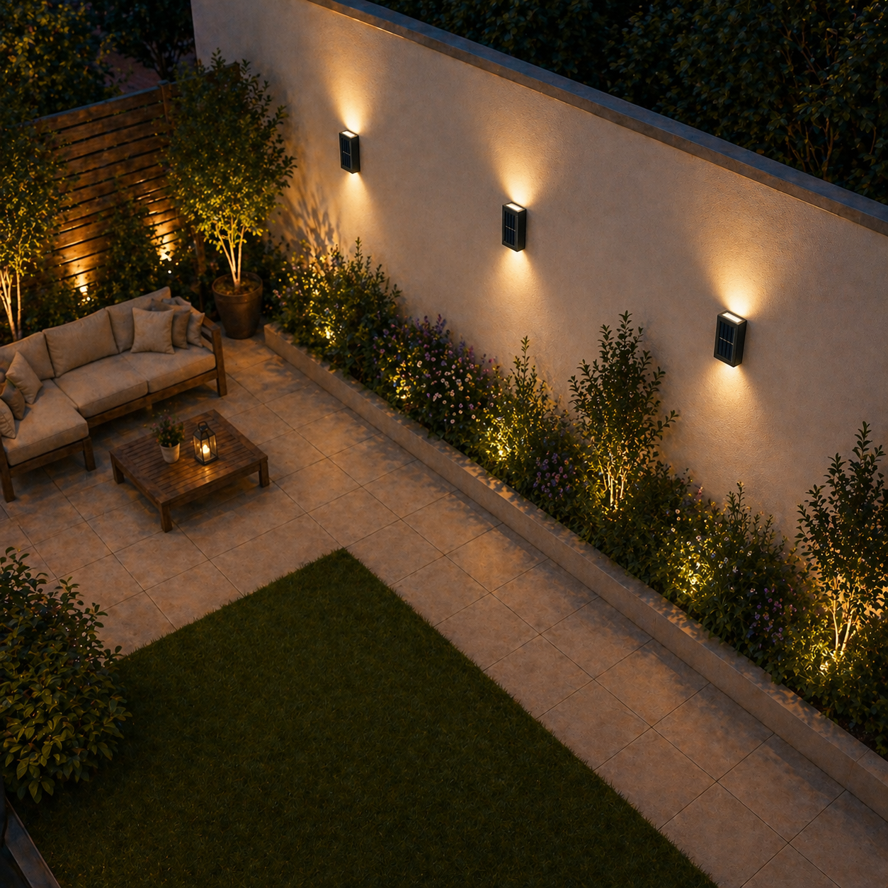 Up & Down LED Garden Lights in Outdoor patio area with lighting fixtures on a wall, plants, and a sofa set.