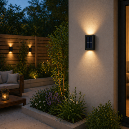 Up & Down LED Garden Lights in wall-mounted solar lights illuminating a garden and seating area.
