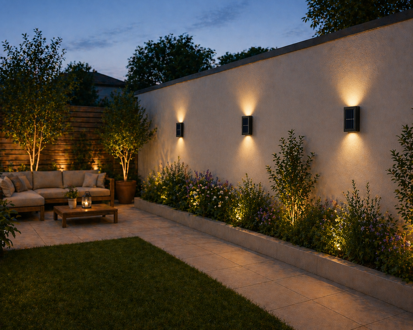 Up & Down LED Garden Lights in Evening outdoor setting with garden lighting, seating area, and plants.