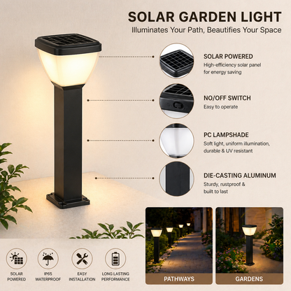 Waterproof Outdoor Solar LED Pillar Light with features and usage examples on a beige background